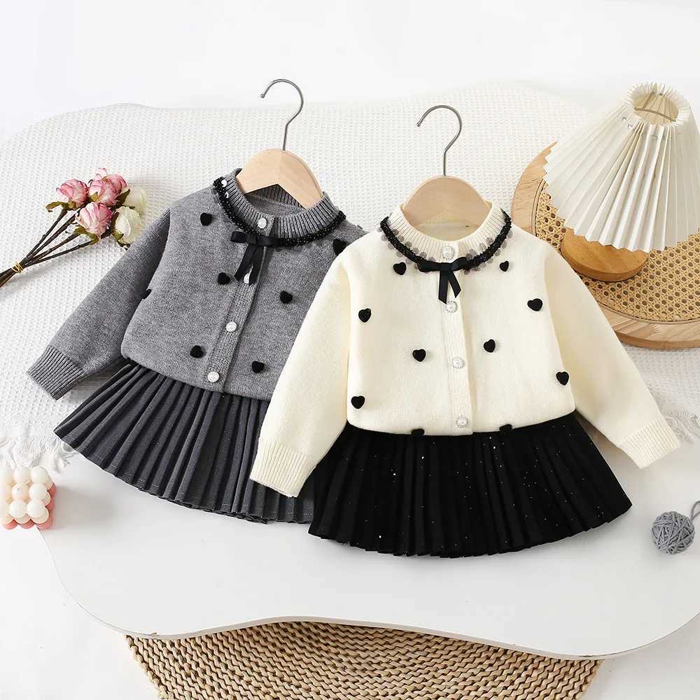 LILIGIRL Girl Clothing Set 2025 Autumn New Love Sequined Lace Collar Sweater Skirt Knitted Girls Twopiece Suit L250926FEPZ