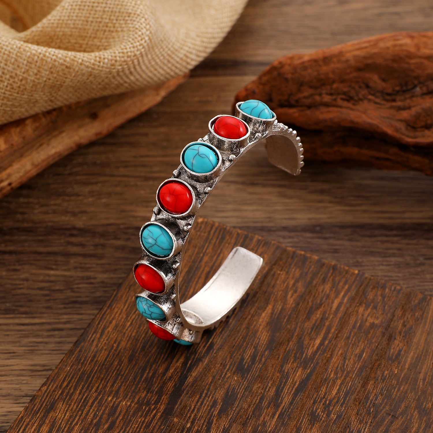 Ethnic Style Bohemian Turquoise For Women Carved Hollow Adjustable Open Bracelet