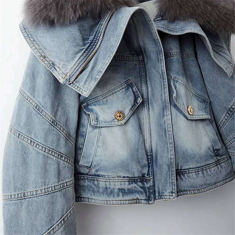 Big Fox Fur Collar Down Cotton Denim Women Vintage Cowboy Outerwear Winter Thick Loose Short Zipper Jeans Jacket Female