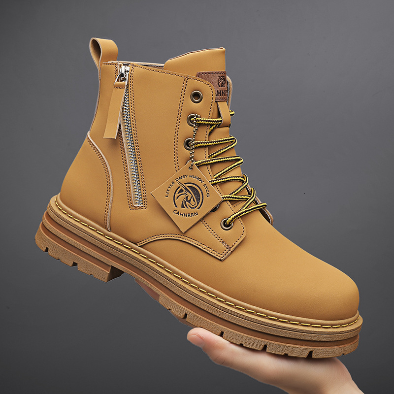 New Yellow Autumn Winter British Style High Top with Cotton Lining Work Short Fleece Zipper Martin Boots for Men