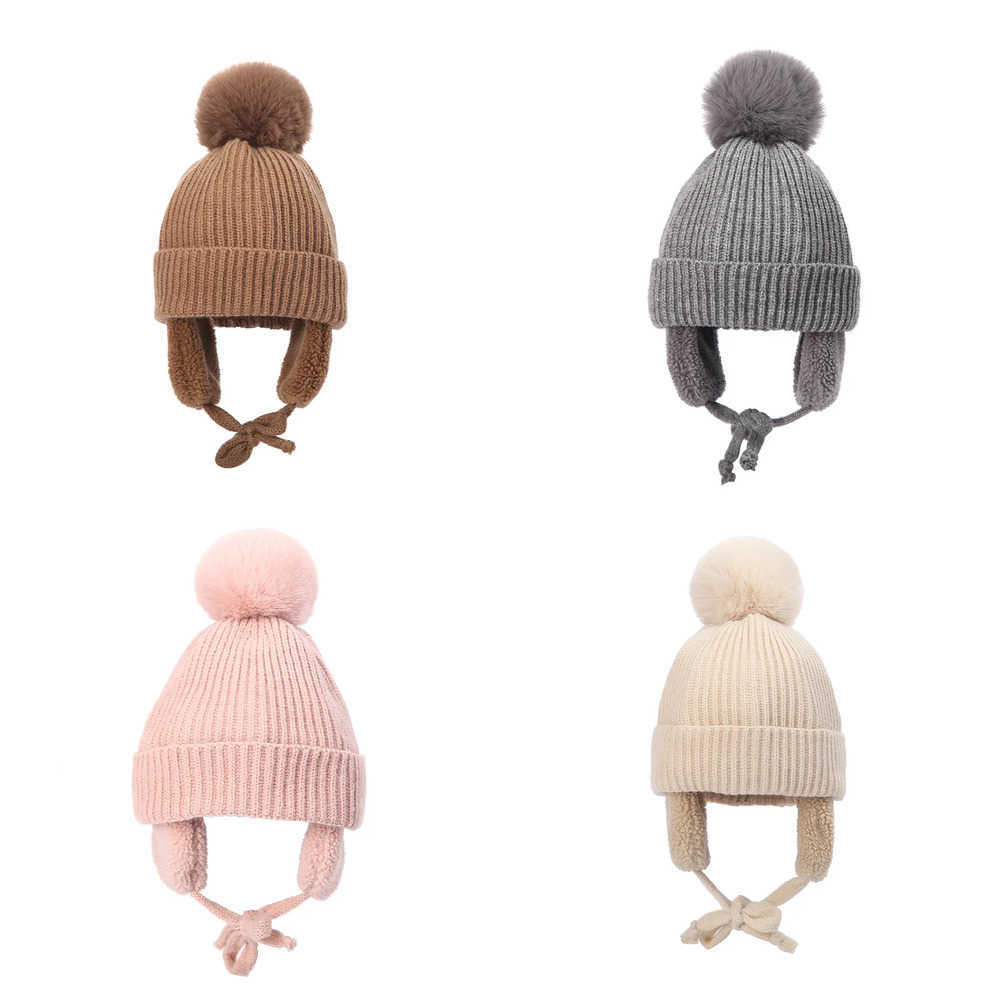 28T Baby Hat Big Pompom Beanie with Earflap Wool Plush Children Knitted Cap for Girls Boys Winter Thick Warm Kids Accessories L250925X6A8