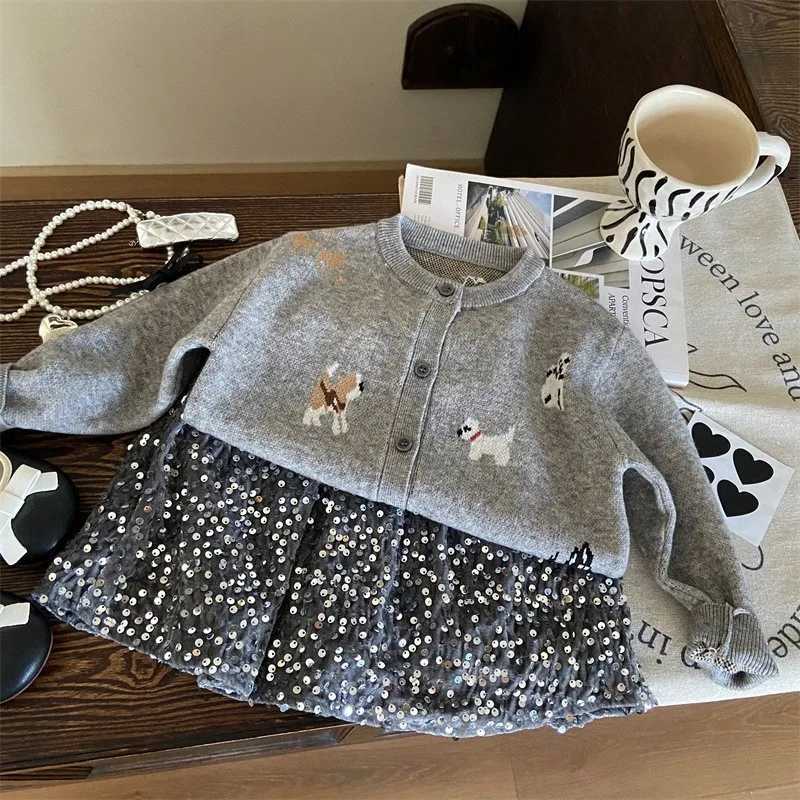 Childrens Clothing New Autumn Girls Puppy Knitted Cardigan Childrens Stylish Sequin Skirt TwoPiece Set Trendy L25092672TL