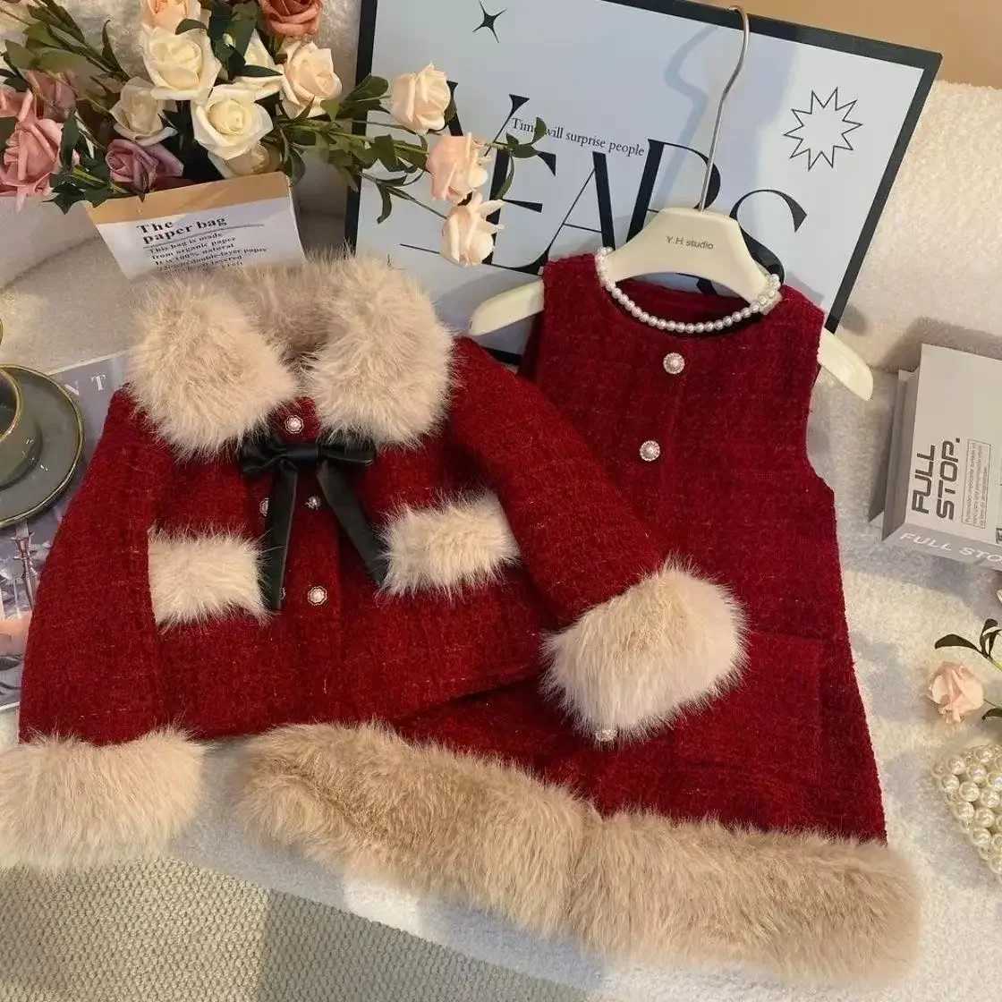 Girls Winter New Years Clothing Set Korean style Childrens Cotton Padded Thick Coat Vest Skirt Childrens New Year Clothes28T L250926317W