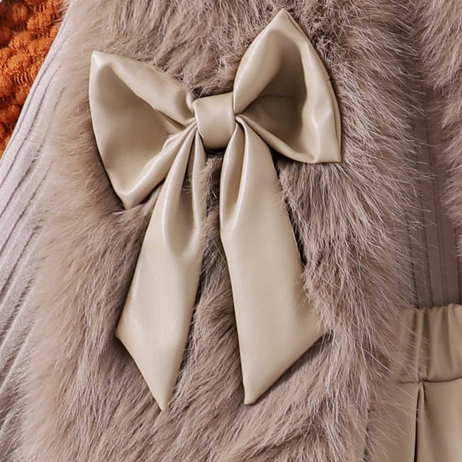 Kids Winter Clothes Elegant Sets For Girls 3pcs Bow Fluffy Warm WaistcoatKnitted TopPU Leather Skirts Children Outfits Sets L250926FYMR