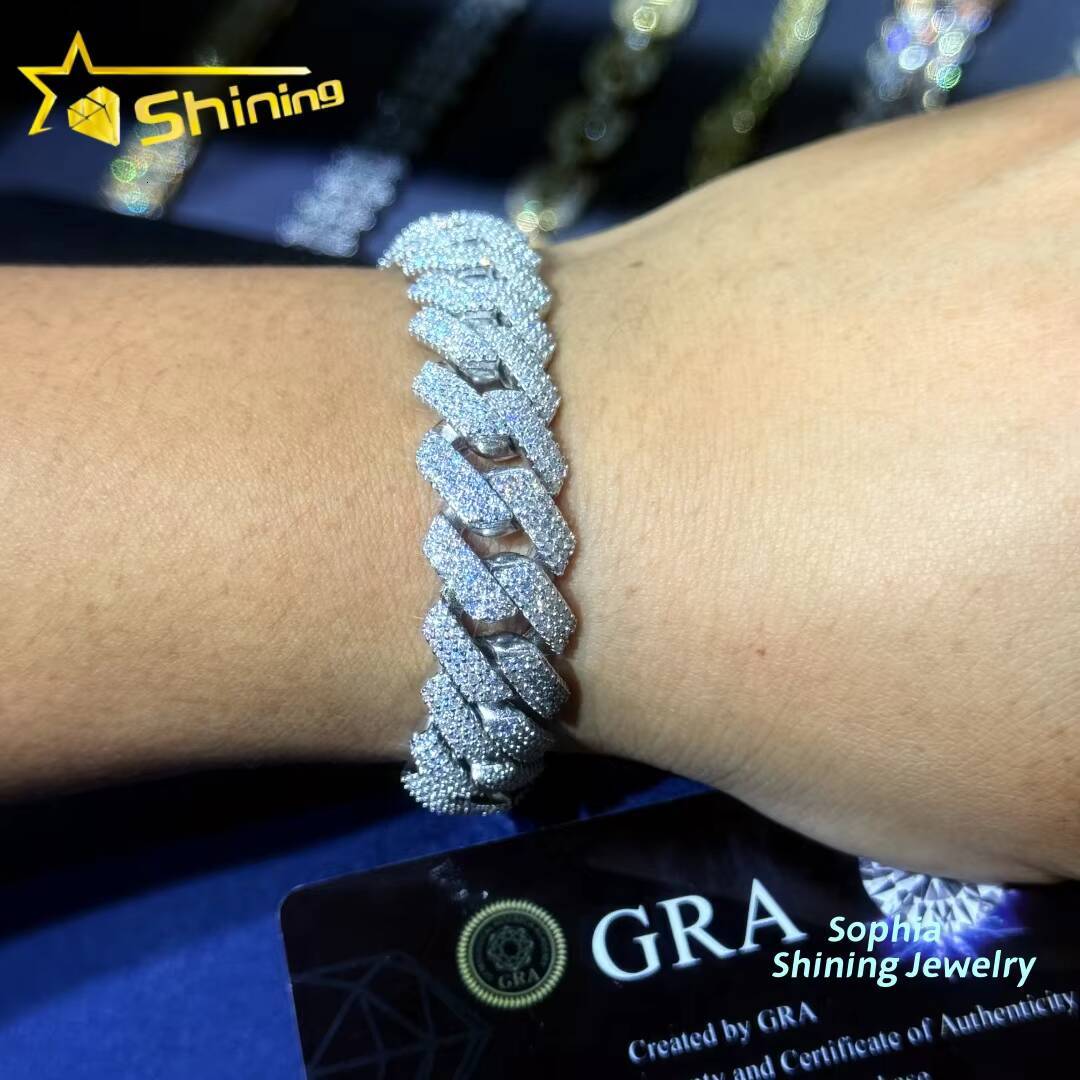 Luxury Bling Fine Jewelry S925 Sterling Silver Hip Hop Iced Out Vvs Lab Diamond Moissanite Cuban Link Bracelet