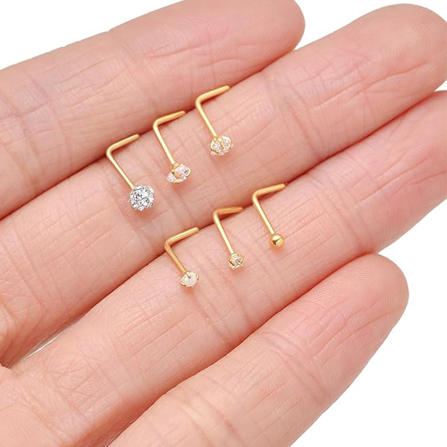 15PCS Titanium Nose Studs Ring L-Shaped Round CZ Ball Opal Star Heart Nose Studs Nostril Body Piercings Jewelry Set for Women Men Gold Tone 20G