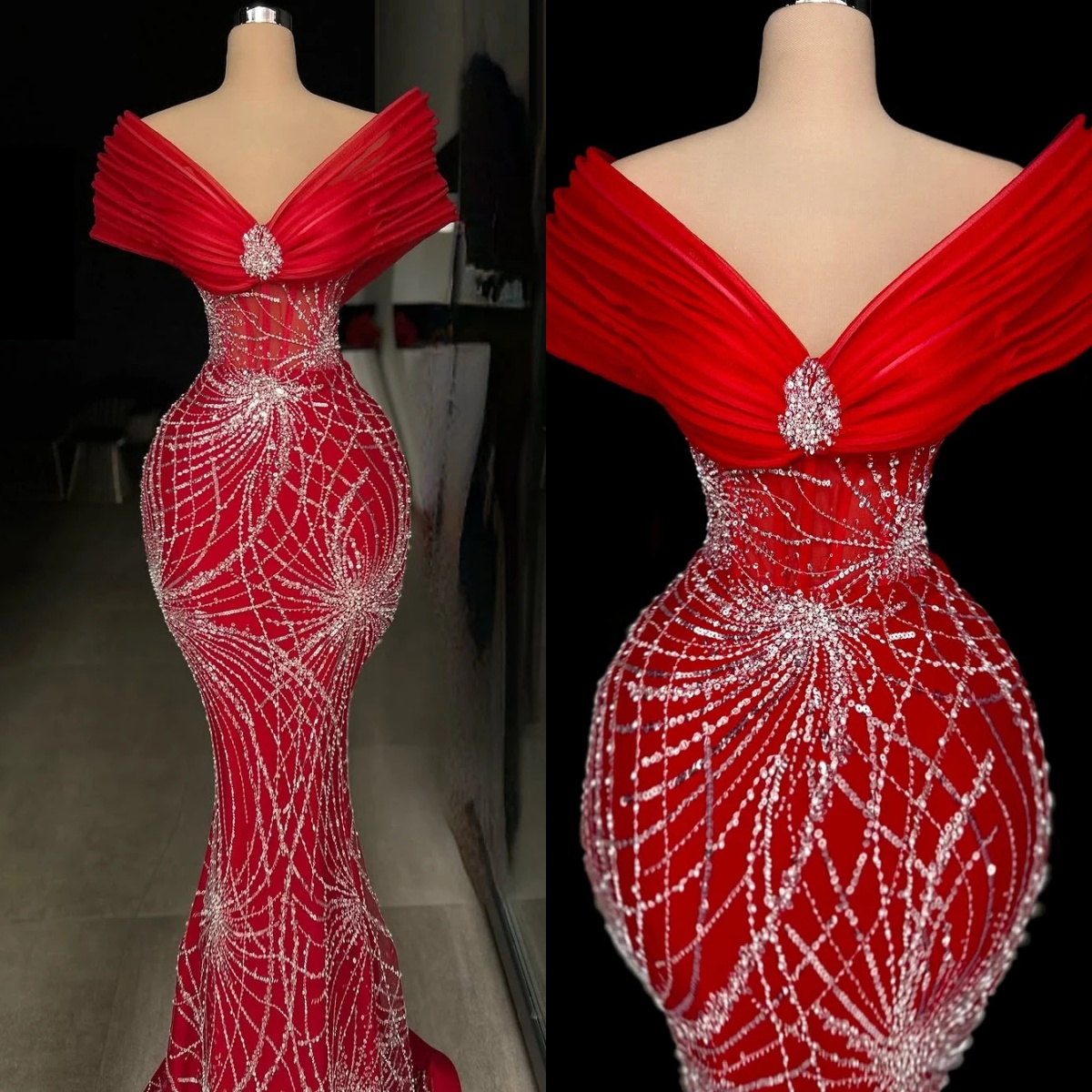 Unique Sequins Evening Dresses Off Shoulder Prom Gowns Beading Princess Sweep Train Customized Sweep Train Vestidos De Noche Plus Size