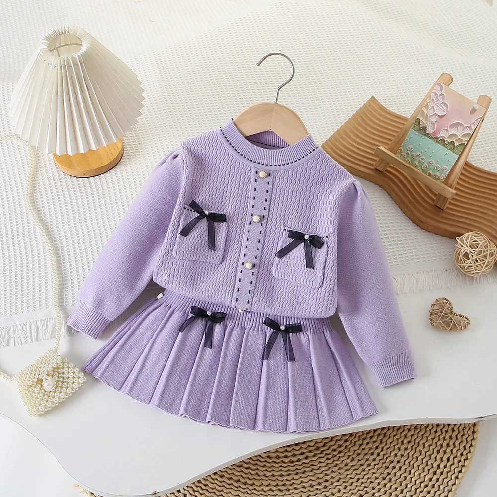 Girls pocket bow pullover sweater bow pleated skirt Small fragrance set sweater knitted sweater kids clothes L250926P1JN