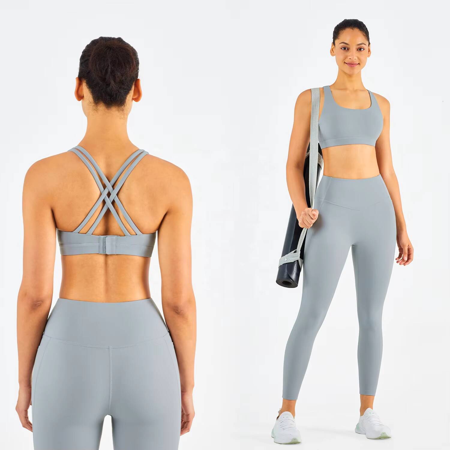 Two Piece Yoga Set Custom Sports Gym Set Women Seamless Buckle Sports Bra and Pocket Leggings