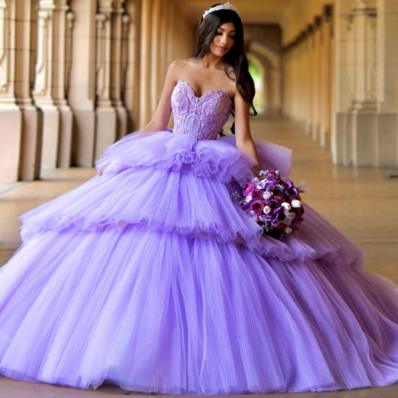 Lavender Quinceanera Dresses Off The Shoulder Sequin Applique Beading Corset Tiered Tull Party Birthday Sweet 16 Dress Vestidos 15 De Anos