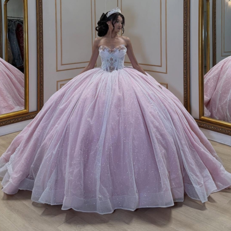 Light Pink Shiny Quinceanera Dresses Off The Shoulder Beading Crystal Corset Tull Party Birthday Sweet 16 Dress Vestidos 15 Anos