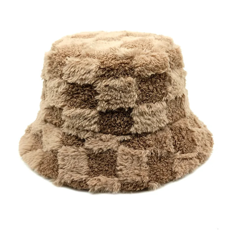 Chessboard Bucket hat Autumn and Winter Versatile Japanese Thermal Cap Plush Korean Big Head Waist Basin Hat 250919