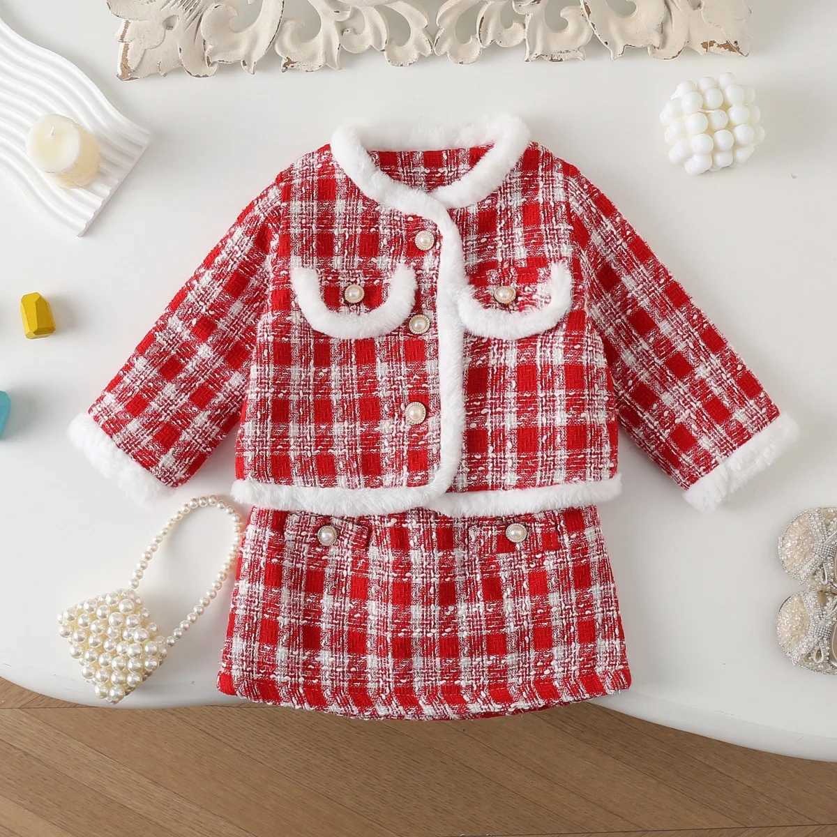 Girls Set Winter New Style Westernstyle with Cotton Thick Red Fashionable Sweet and Cute for The New Year L2509265OPX