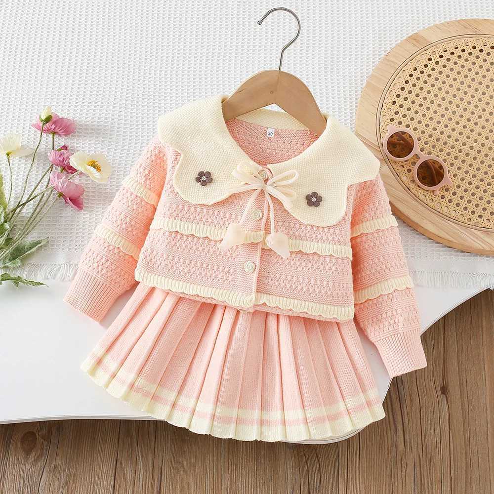 LILIGIRL Autumn Kids Sweater Set Sweet Flower Girls Baby Knitted Cardigan Short Skirt Color Blocked Korean Children Outf 9M5T L25092622U5
