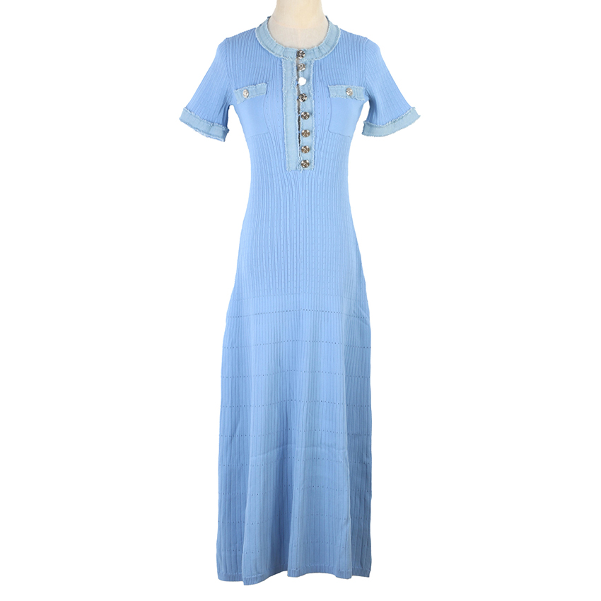 S family 2025 early spring French elegant denim splicing button round neck short sleeve commuting temperament French lady's daughter's dress