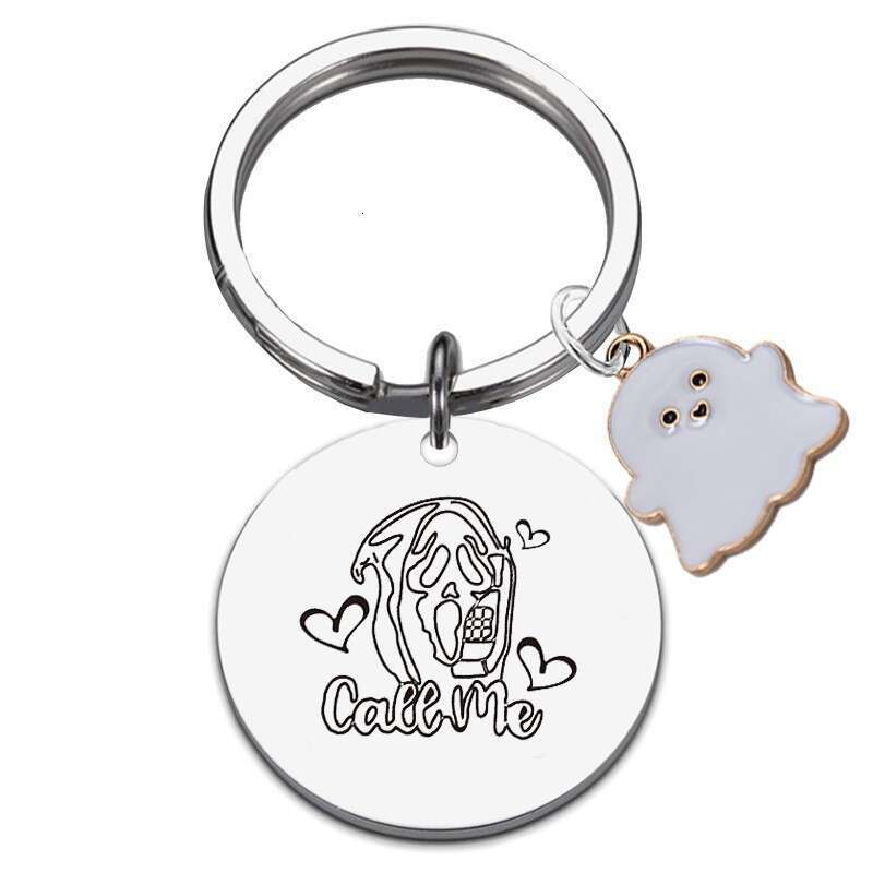 Hot Sale Ghost Stainless Steel Keychain Laser Engravable Round Halloween Pendant