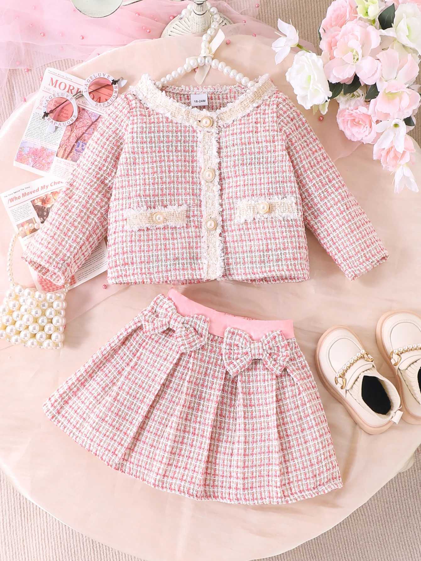 2PCS Cross Border Autumn New Girl Baby 16 Years Old Sweet And Cute Pink Round Neck JacketPleated Skirt Set L250926AWOA