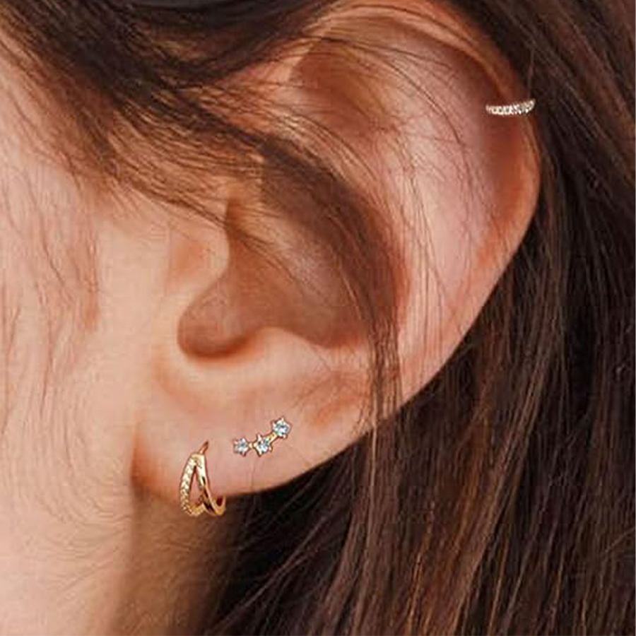 8 Pairs 18K Gold Plated Small Hoop Earring CZ Cartilage Stud Earring for Women Long Chain Drop Dangle Stack Earrings for Multiple Piercings Gold Tone