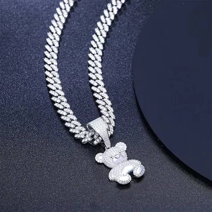 Iced Out Bear Pendant Necklace Moissanite Diamond 925 Sterling Silver Hiphop Pendant