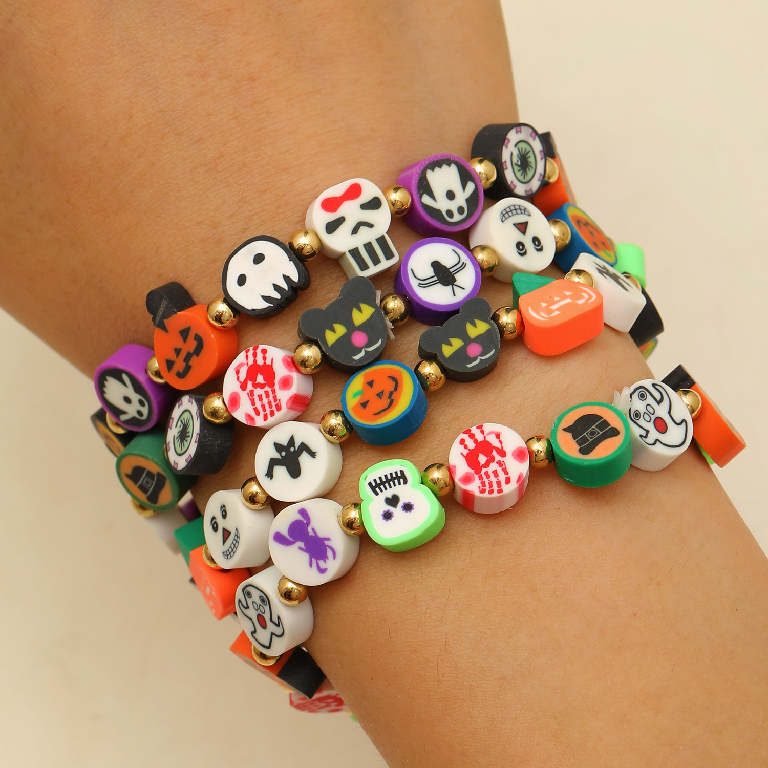 Halloween Element For Women Hot-Selling Soft Clay Pumpkin Ghost Beaded Colorful Bracelet Jewelry