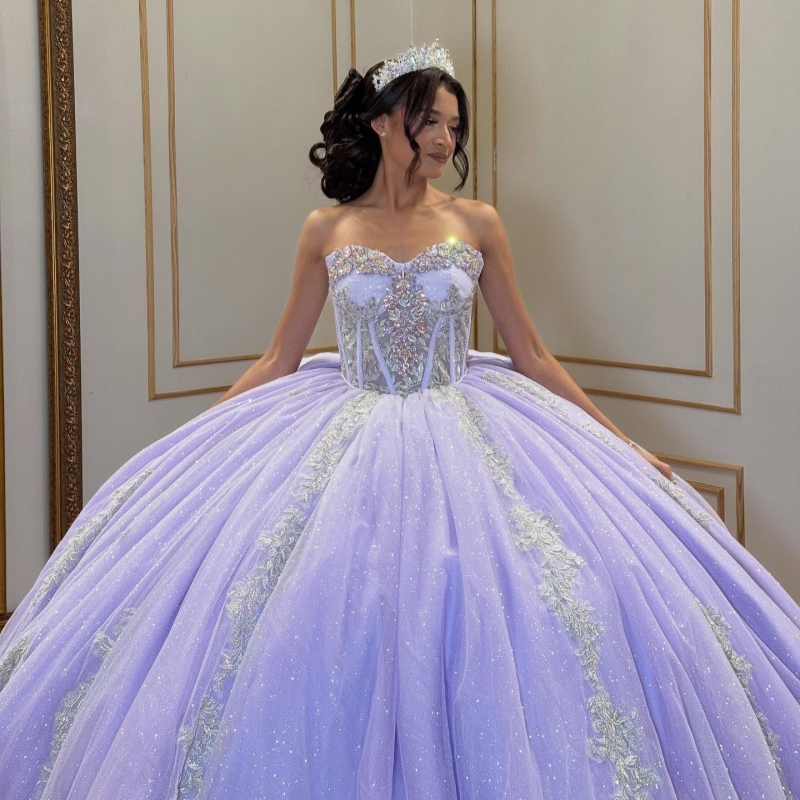 Lavender Shiny Quinceanera Dresses Off The Shoulder Applique Lace Beading Crystal Bow Corset Tull Party Birthday Sweet 16 Dress Vestidos 15 Anos