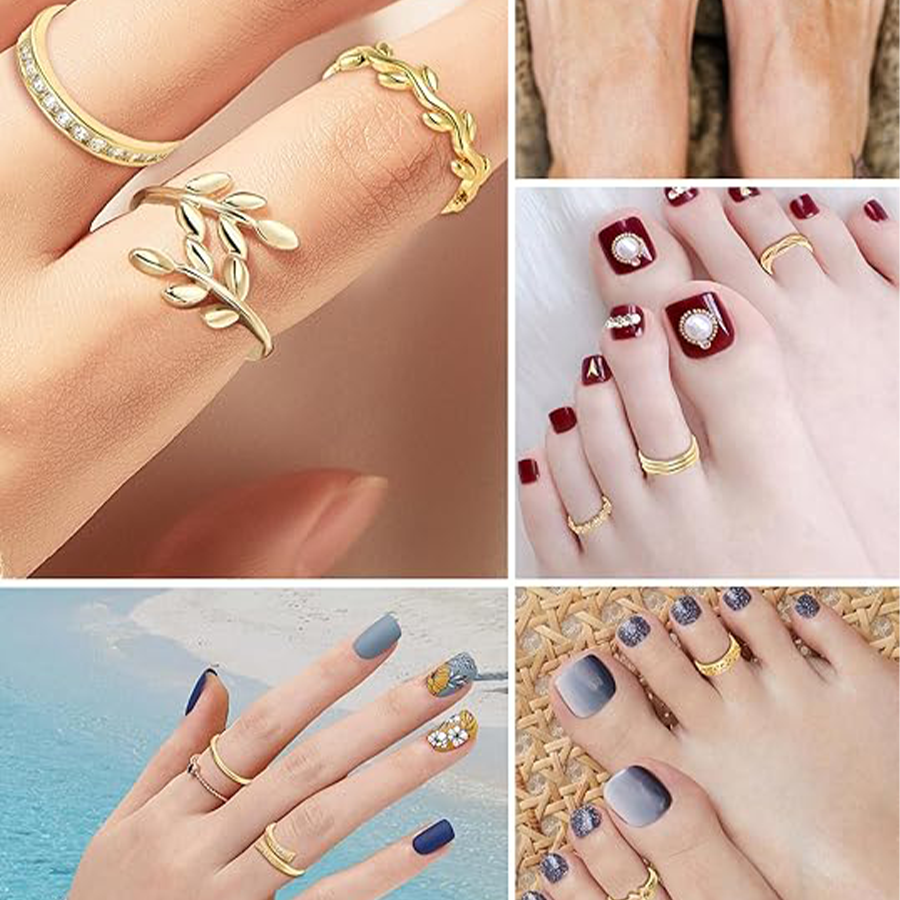 12PCS 18K Gold Plated Toe Rings CZ Daisy Flower Leaf Heart Knot Band Open Tail Ring Beach Foot Jewelry Sets For Women Men Gold Tone