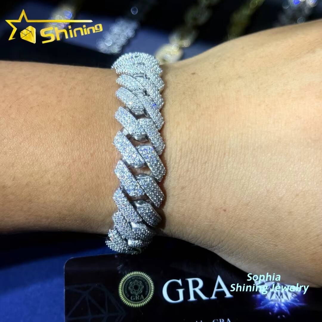 Luxury Bling Fine Jewelry S925 Sterling Silver Hip Hop Iced Out Vvs Lab Diamond Moissanite Cuban Link Bracelet