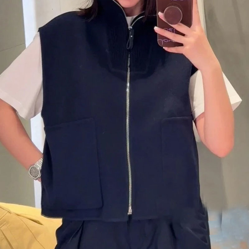 Retro Y2K Designer Luxury Women's Double-Faced Wool Vest Outerwear Knit Notch Lapel Sleeveless Zip Up Two Colors Wool Cashmere Blend Fashion Clot