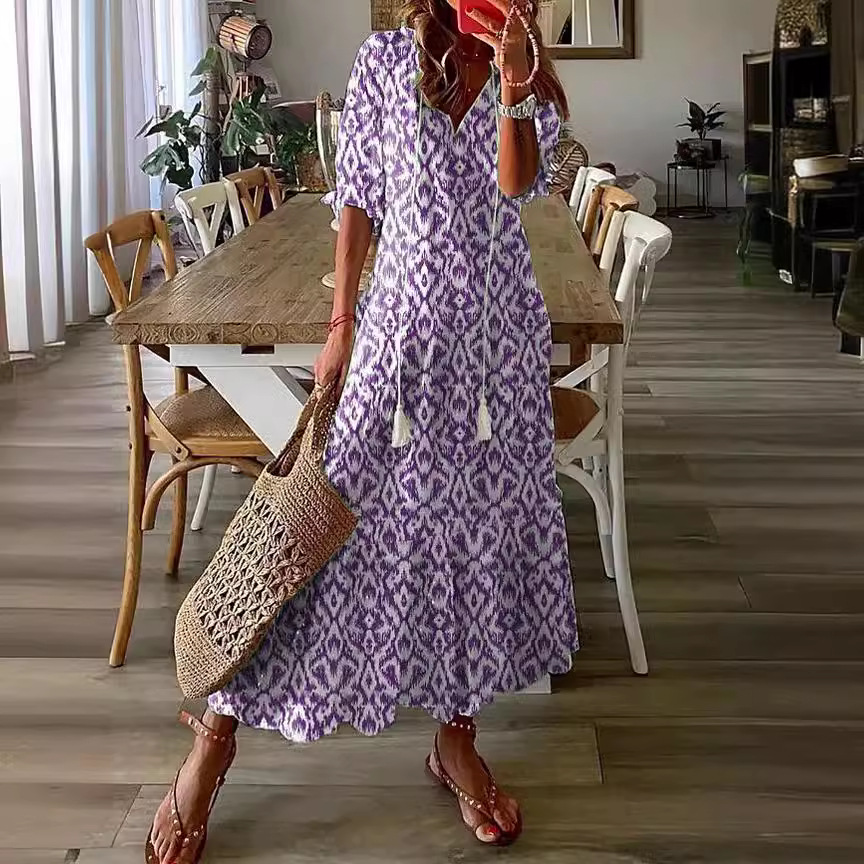 Casual, sweet, loose V-neck printed beard-style mid-length long dress for women with sleeves