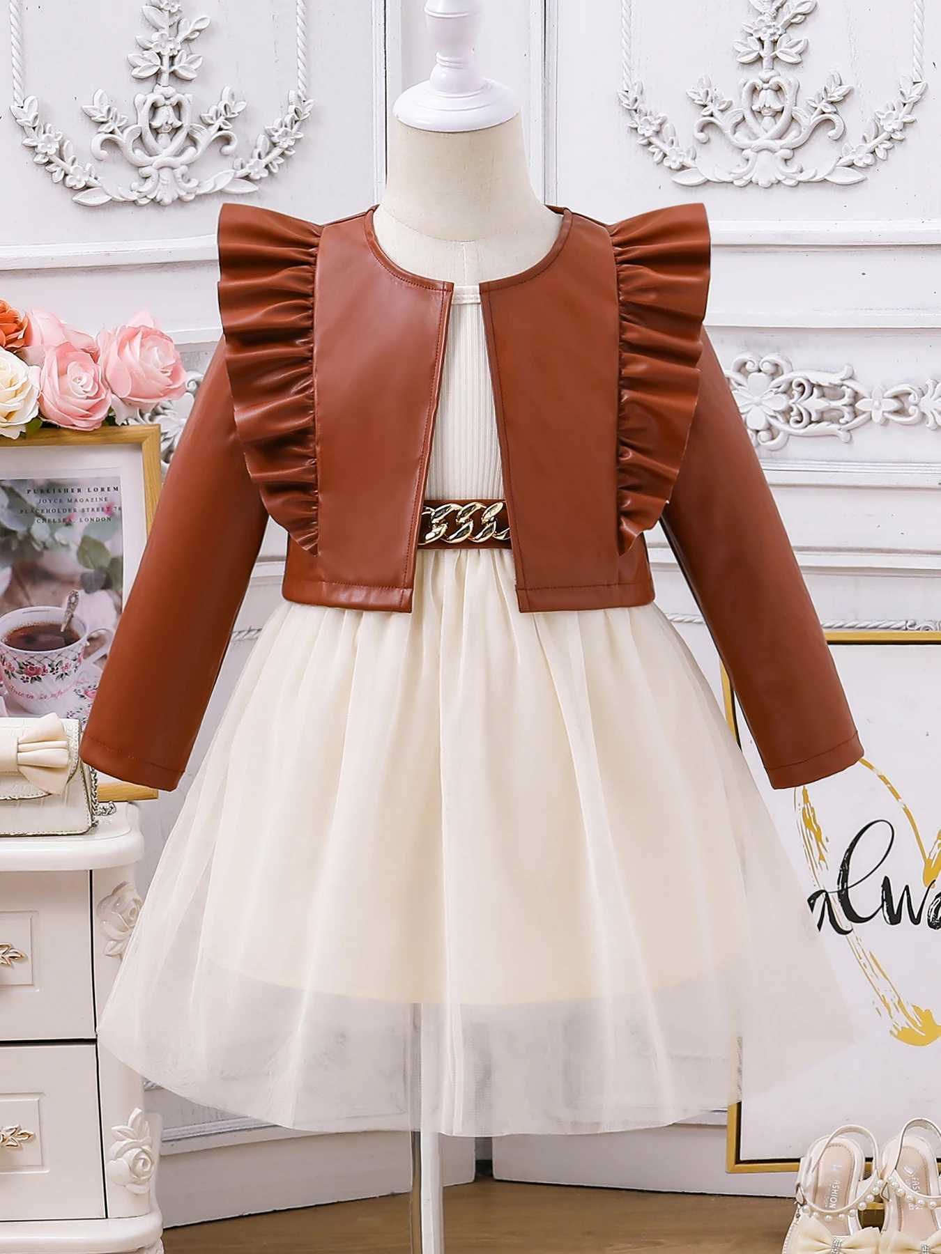 Girls Spring and Autumn Dress Set New Childrens Princess SkirtPU Leather Vest 2piece Set L250926PUQG