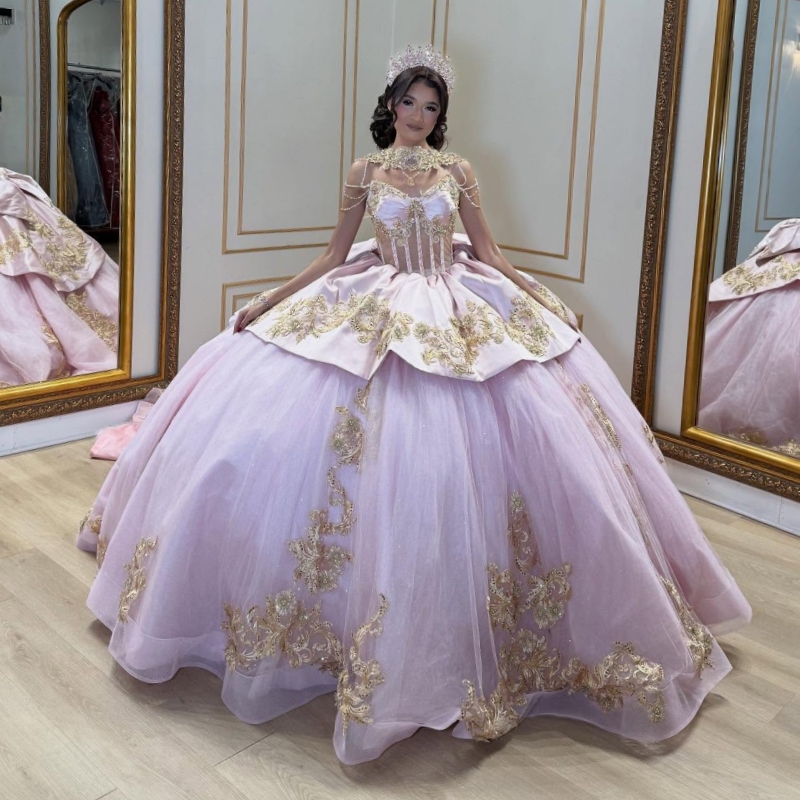 Light Pink Shiny Quinceanera Dresses Off The Shoulder Applique Lace Beading Crystal Bow Corset Tull Party Birthday Sweet 16 Dress Vestidos 15 Anos