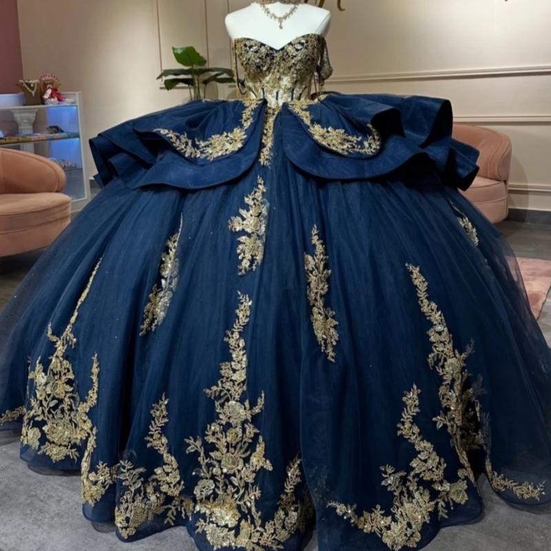 Navy Blue Shiny Off The Shoulder Quinceanera Dresses Gold Lace Applique Beading Bow Sweet 16 Vestidos De 15 Anos