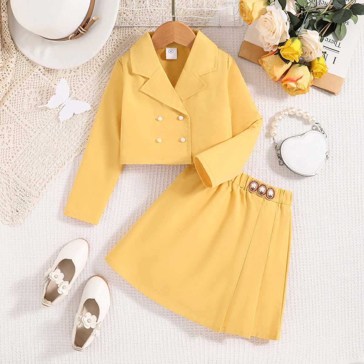 Kids Clothes Set 47 Years Spring Autumn Girls Short Yellow Suit Jacket Skirt Elegant Fashion Children Baby Formal Clothes Set L25092635VU