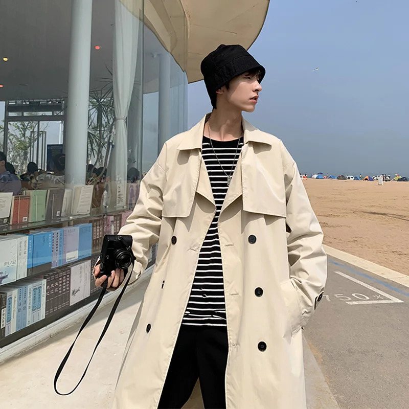 Korean style Spring Trench Coat Male Streetwear Windbreaker Trenchcoat Men Solid Business Casual Loose Long Overcoat 250819e