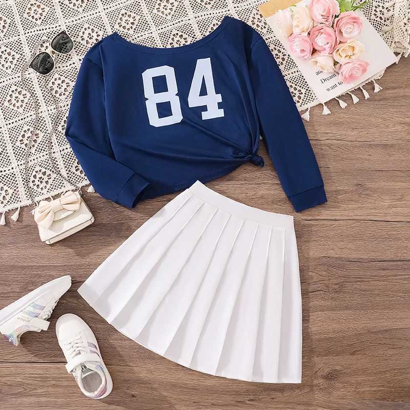 Girls Spring Autumn Fashion Letter Print Diagonal Shoulder Long Sleeve Suit with Pleated Overskirt for Ages 812 L250926U4A8