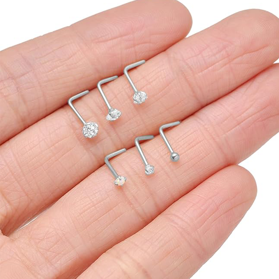 15PCS Titanium Nose Studs Ring L-Shaped Round CZ Ball Opal Star Heart Nose Studs Nostril Body Piercings Jewelry Set for Women Men Silver Tone 20G