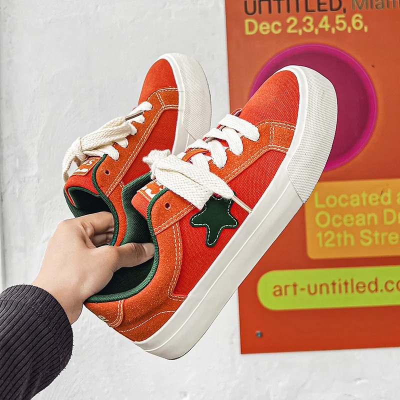 neakers Men Fashion Contrast Canvas Leather Panels Vulcanized Shoes Couple Sports Skateboard Shoes Men Trainers Fashionable Athletic Footwear for Coup