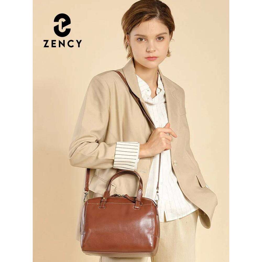 Zency Genuine For Women Large Capacity Shoulder Natural Leather Boston Bag Organizer Pockets Handbag Purse