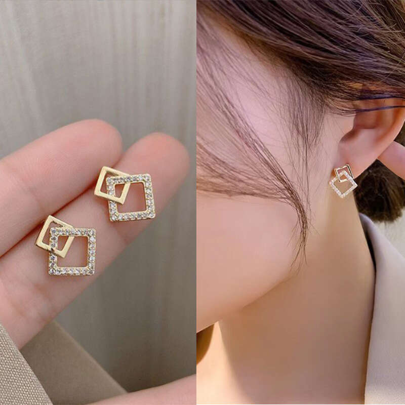 Fashion Square Zircon Geometric Earrings Simple Minimalist Style Personality Studs Exquisite High-end Versatile Ear Jewelry