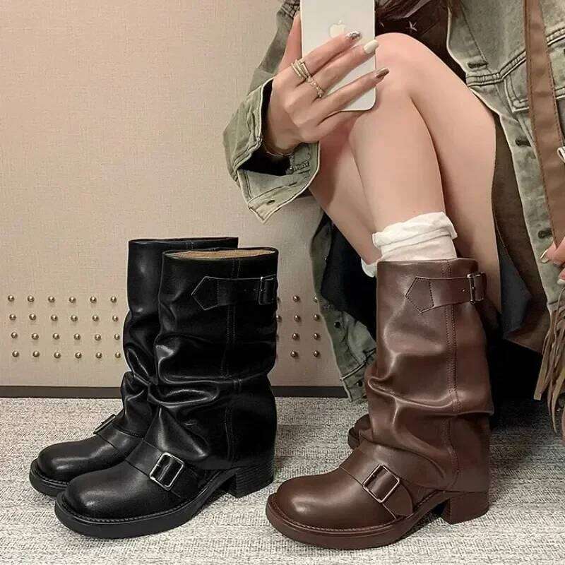 Pleated Buckle Knight for Women Autumn Brown PU Leather Mid Calf Boots Woman Slip-On Thick Heel Riding Botas Mujer 2024