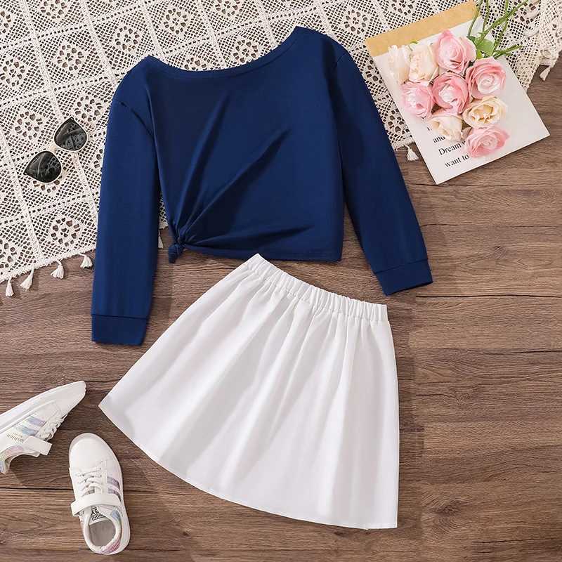 Girls Spring Autumn Fashion Letter Print Diagonal Shoulder Long Sleeve Suit with Pleated Overskirt for Ages 812 L250926U4A8