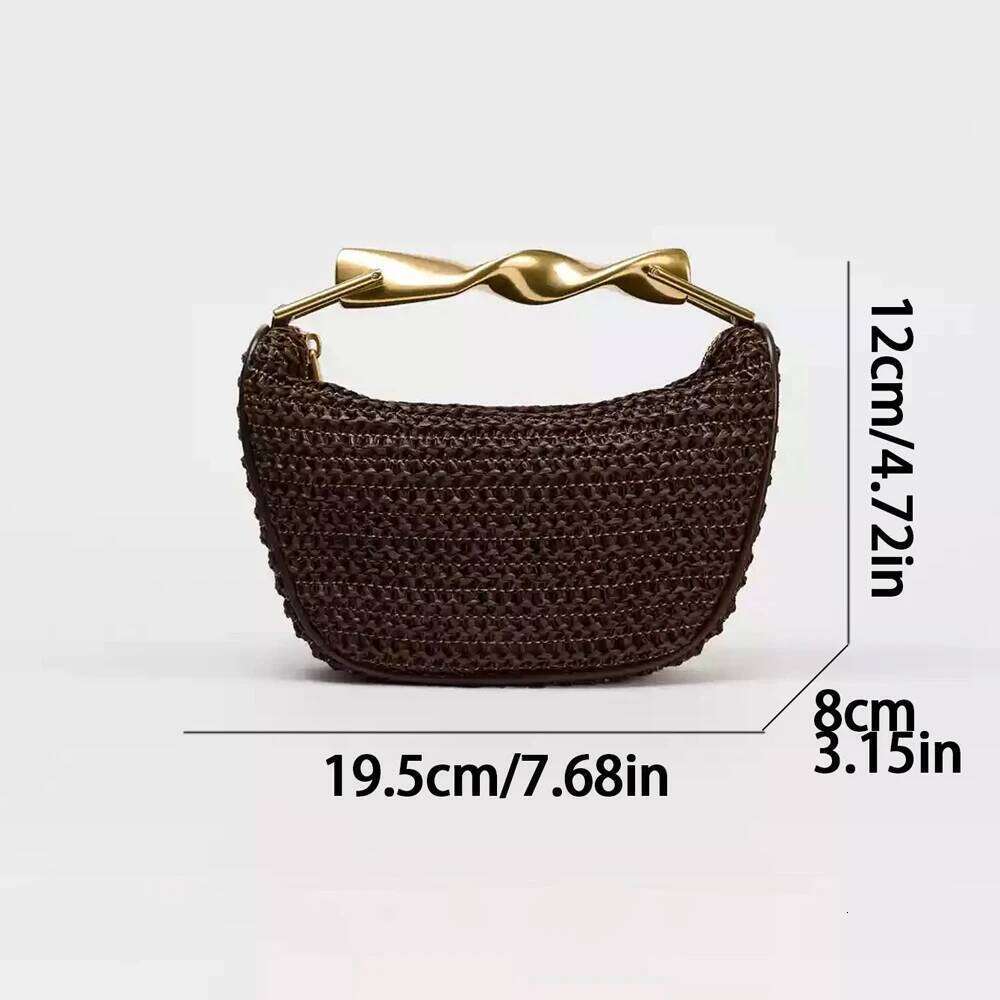 Metal Handle Straw Bags for Women Half Moon Rattan Woven Chain Shoulder Bohemian Travel Beach Bag Designer Crossbody Handbag