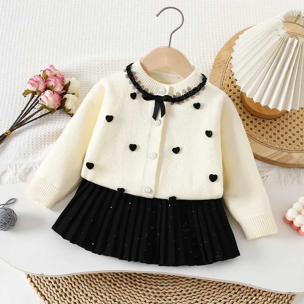 LILIGIRL Girl Clothing Set 2025 Autumn New Love Sequined Lace Collar Sweater Skirt Knitted Girls Twopiece Suit L250926FEPZ
