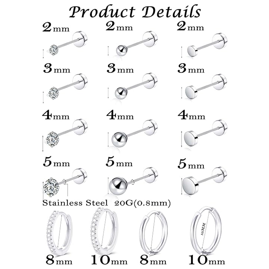 16 Pairs Small Stud Earrings Stainless Steel Flat Back Tiny Stud Earring Huggie Hoops CZ Ball Disc Stud Screw Back Cartilage Earring Set for Multiple 