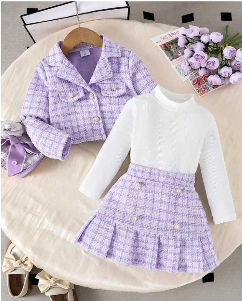 Children Toddler Kit Girls Small Fragrance Pink Plaid Suit Tweed Plaid Jacket Round Neck Pure Top Pleated Skirt Threepiece Set L250926VOAH
