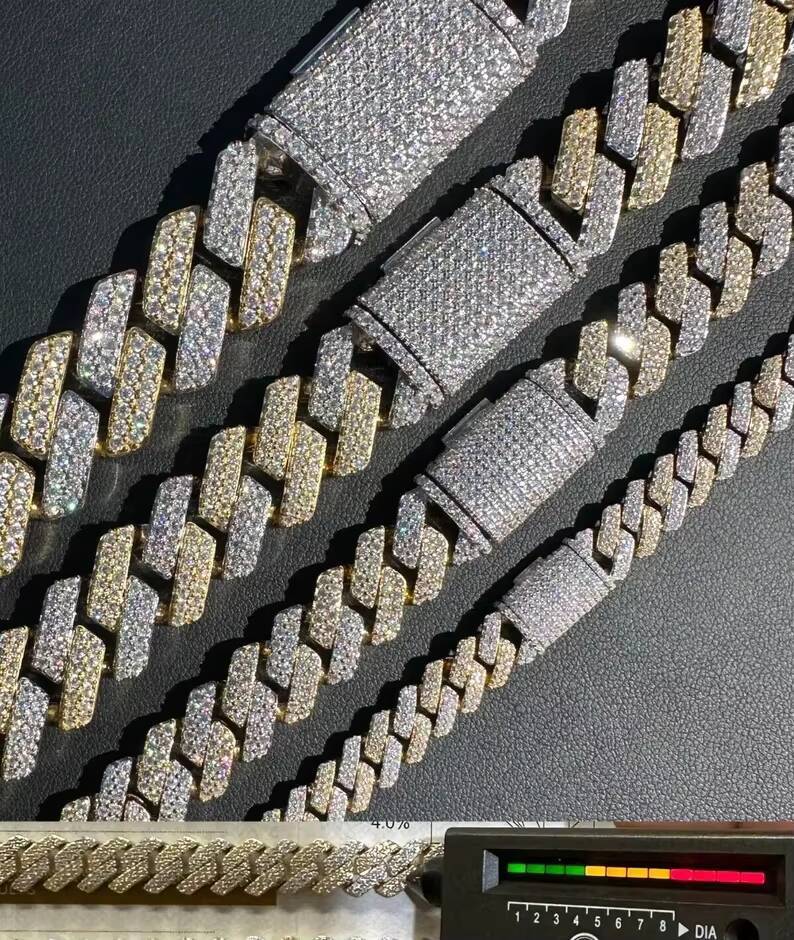 Two Tone Rapper Style Hip Hop Necklace S925 8mm 12mm 16mm Moissanite Diamond 2 Row Prong Setting Miami Cuban Link Chain