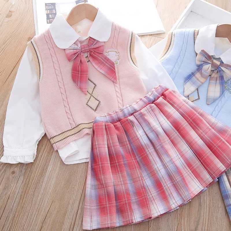 Girls JK College Style Suit Autumn Winter New Sweater Vest Doll Collar Shirt 3 Pieces Pleated Skirt Boutique Kids Clothing Set L250926QOUS