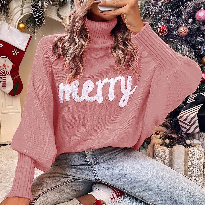 2025 European and American Christmas High Neck Sweater Women's Autumn and Winter Loose Bat Sleeve Knitted Top Women's Knitted Top