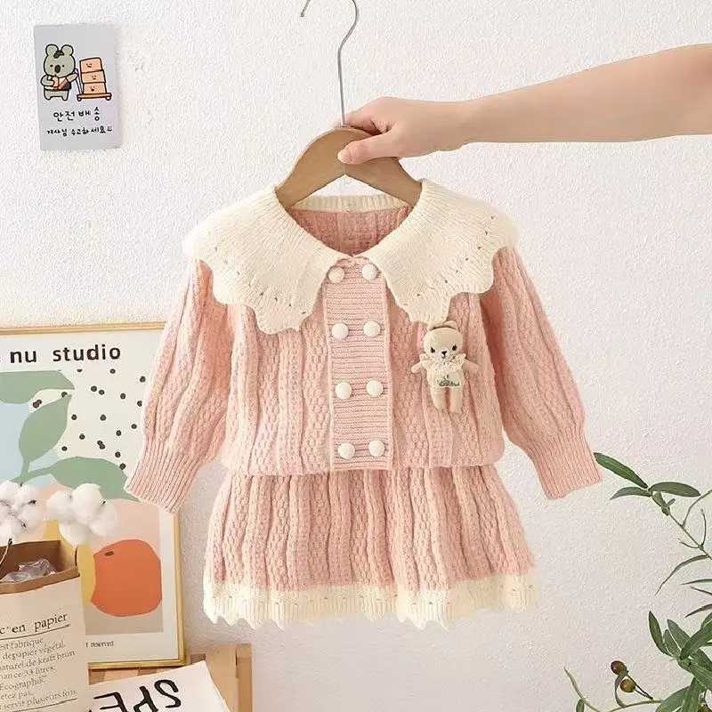 Girls Sweater Set Childrens Cardigan Stylish Autumn and Winter Princess Fashionable Lapel Knit Sweaterskirt Twopiece Set L2509260QUN