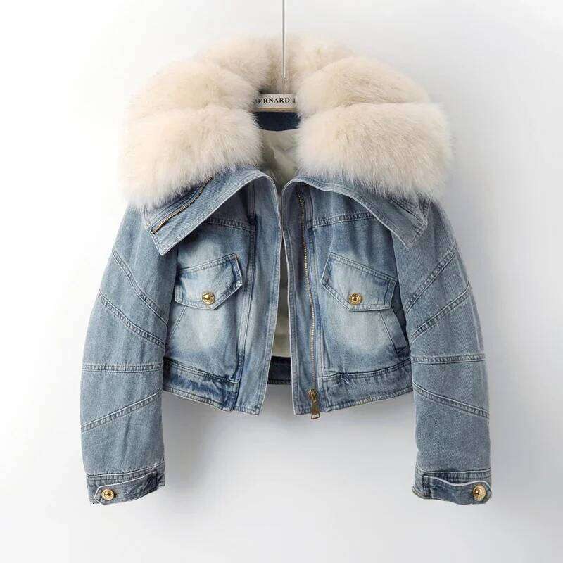 Big Fox Fur Collar Down Cotton Denim Women Vintage Cowboy Outerwear Winter Thick Loose Short Zipper Jeans Jacket Female